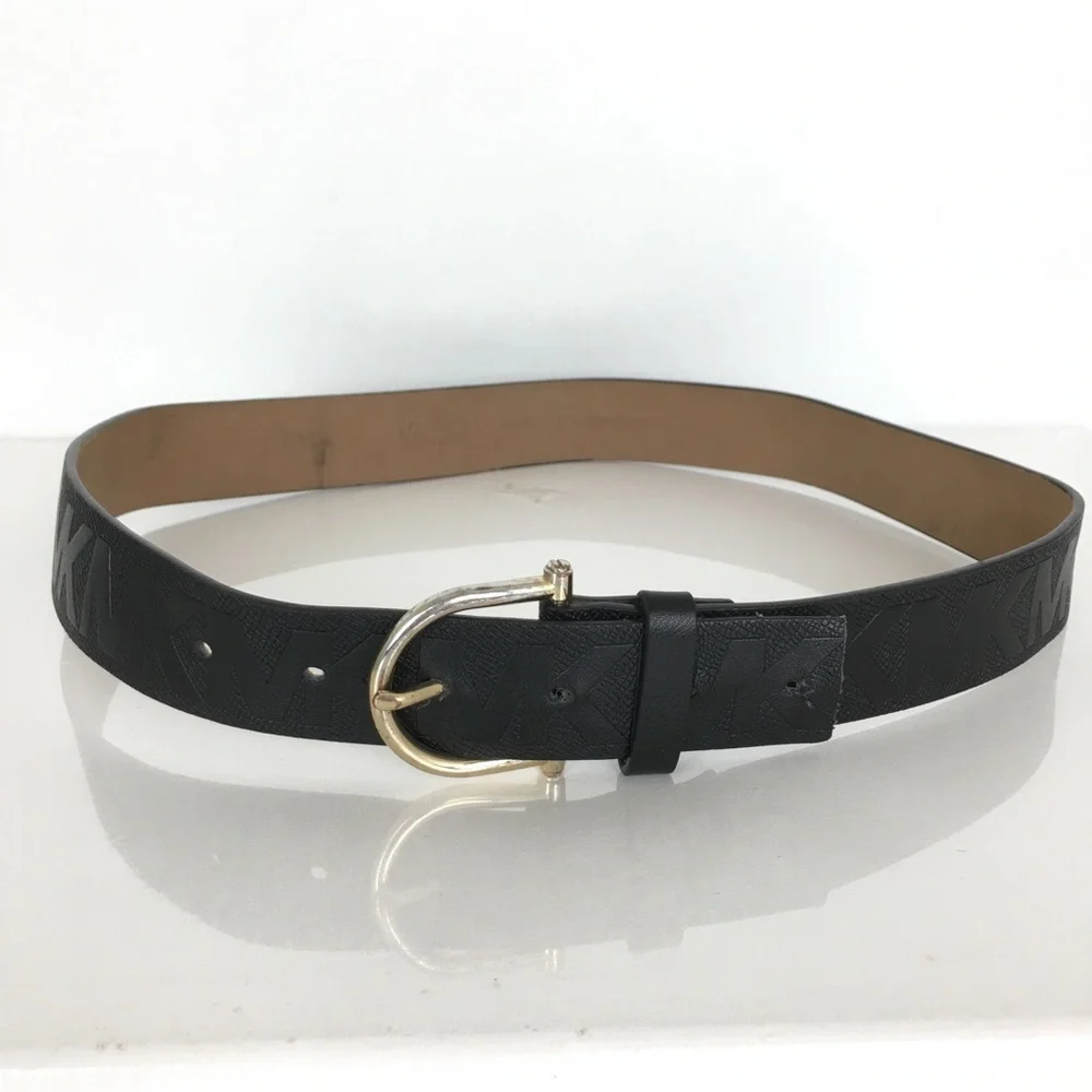 Michael Kors Black Leather Monogram Belt Gold Tone Metal Horseshoe Buckle Size S - Picture 7 of 10